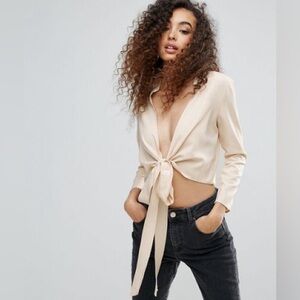 Long sleeve open front collarless crop top with wrap around ties